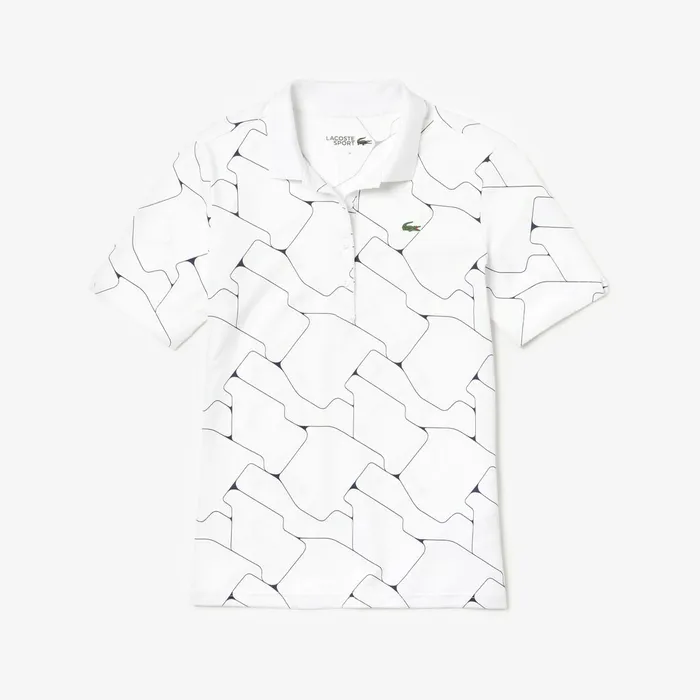 Polos Lacoste Womens SPORT Printed Stretch Jersey Golf Polo WhiteNavy Blue Near Me