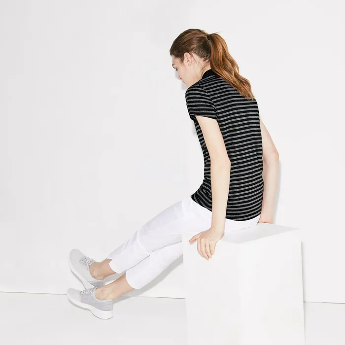 Polos Lacoste Womens SPORT Striped Technical Jersey Golf Polo BlackWhite Outlet
