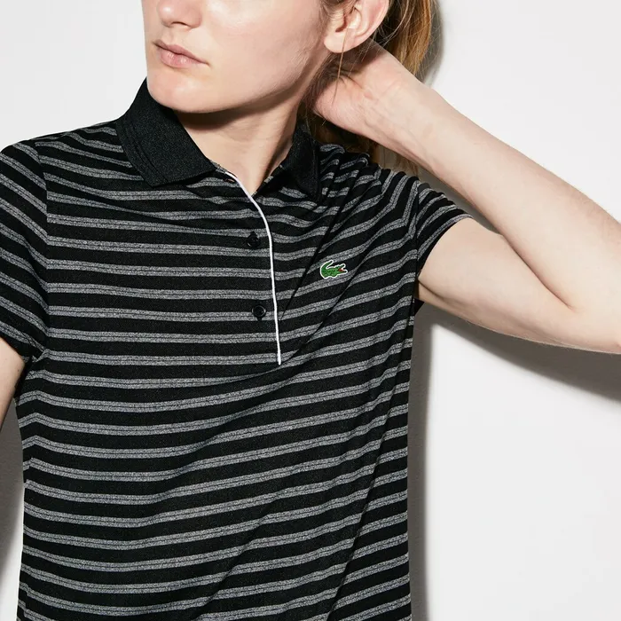 Polos Lacoste Womens SPORT Striped Technical Jersey Golf Polo BlackWhite Outlet