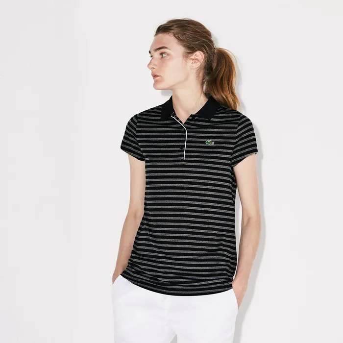 Polos Lacoste Womens SPORT Striped Technical Jersey Golf Polo BlackWhite Outlet