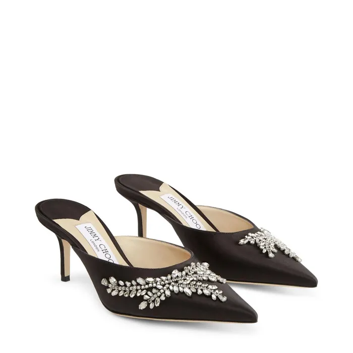 Rav 65 Black Satin Pointed Mules With Crystal Embroidery Black Women JIMMY CHOO Mules