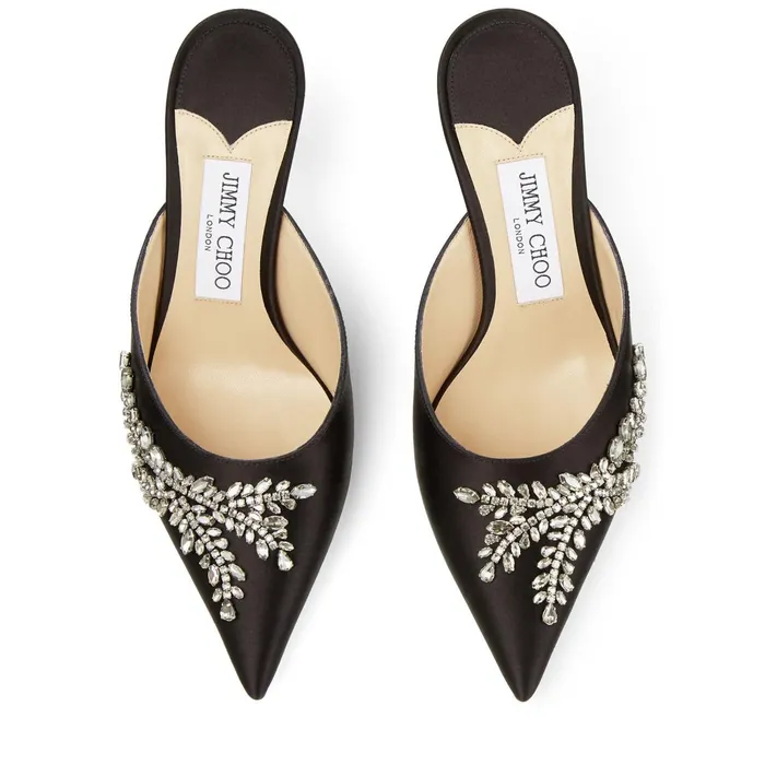 Rav 65 Black Satin Pointed Mules With Crystal Embroidery Black Women JIMMY CHOO Mules