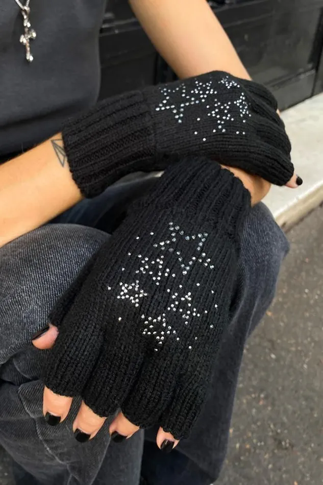 Rhinestone Star Fingerless Gloves Women Subdued Accessories