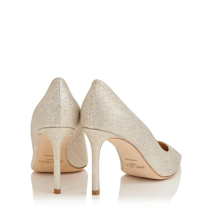 Romy 85 Platinum Ice Dusty Glitter Pointy Toe Pumps Platinum Ice Women JIMMY CHOO Bridal Shoes