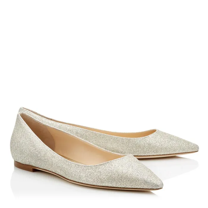 Romy Flat Platinum Ice Dusty Glitter Pointy Toe Flats Platinum Ice Women JIMMY CHOO Bridal Shoes