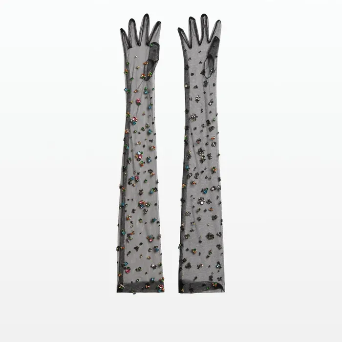 Safiyaa Astin Black Crystal Trim Embroidered Gloves Women Accessories