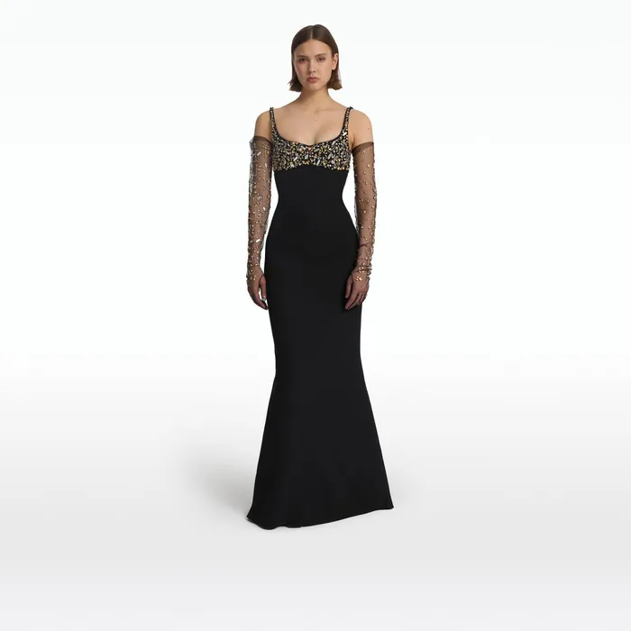 Safiyaa Beatriz Black and Celestial Scatter Embroidery Long Dress Women Dresses