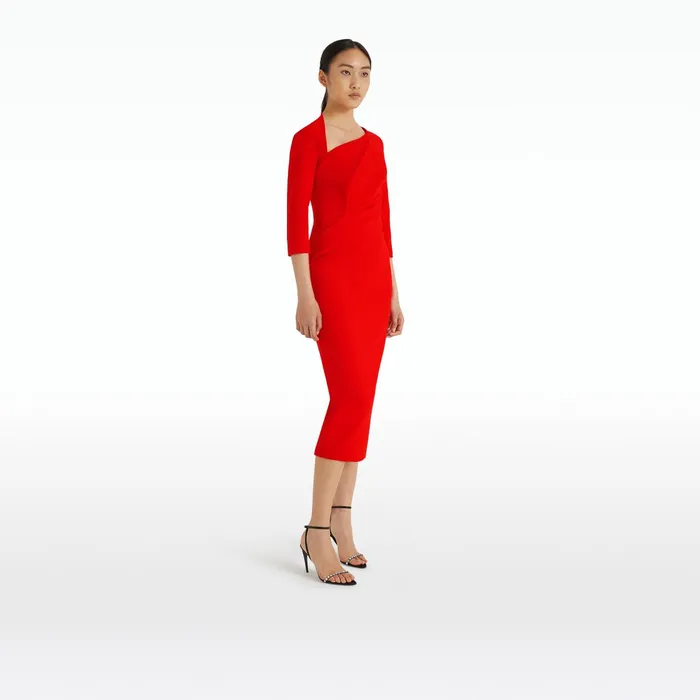 Safiyaa Duan Cherry Red Midi Dress Women Dresses