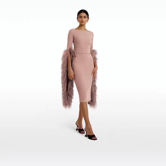 Safiyaa Octavia Dusty Pink FeatherTrimmed Midi Dress Women Dresses