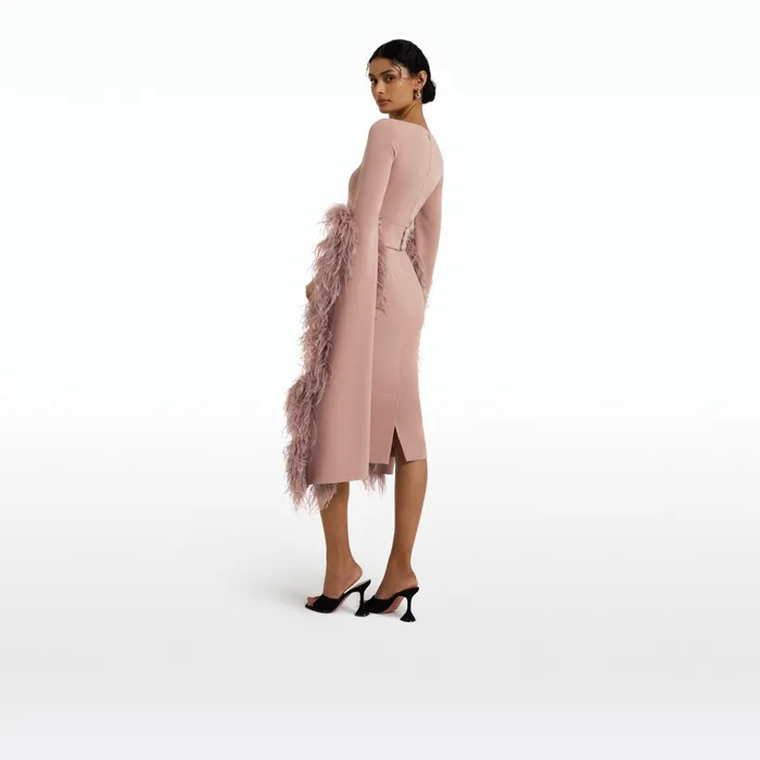 Safiyaa Octavia Dusty Pink FeatherTrimmed Midi Dress Women Dresses