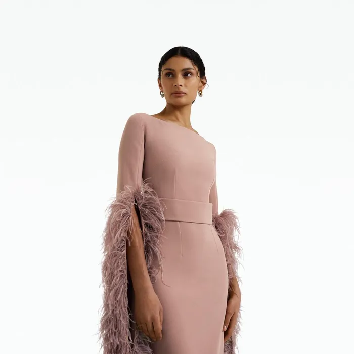 Safiyaa Octavia Dusty Pink FeatherTrimmed Midi Dress Women Dresses