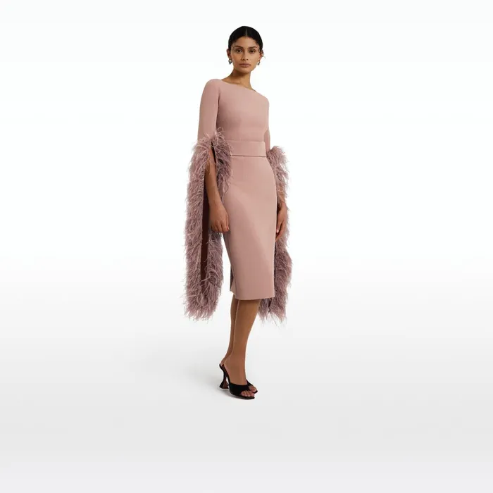 Safiyaa Octavia Dusty Pink FeatherTrimmed Midi Dress Women Dresses