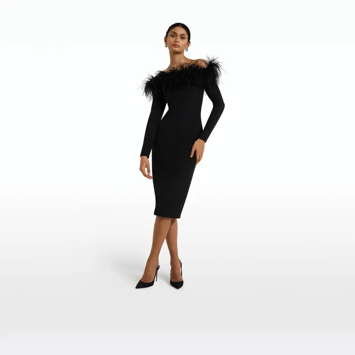 Safiyaa Starling Black FeatherTrimmed Midi Dress Women Dresses