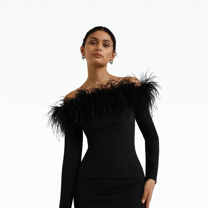 Safiyaa Starling Black FeatherTrimmed Midi Dress Women Dresses