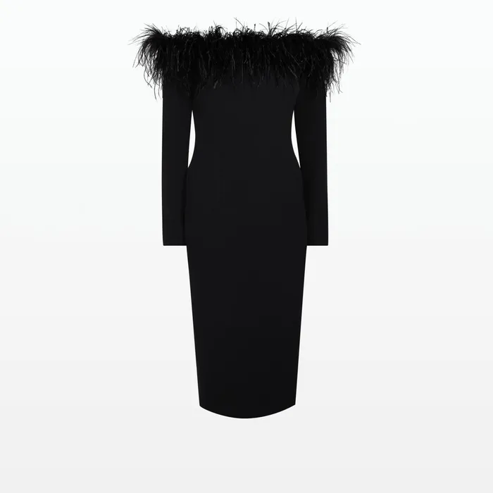 Safiyaa Starling Black FeatherTrimmed Midi Dress Women Dresses