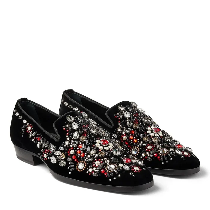Saul Black Mix Velvet SlipOn Shoes With Jewelled Crystal Mix Black Mix Men JIMMY CHOO Dress Shoes