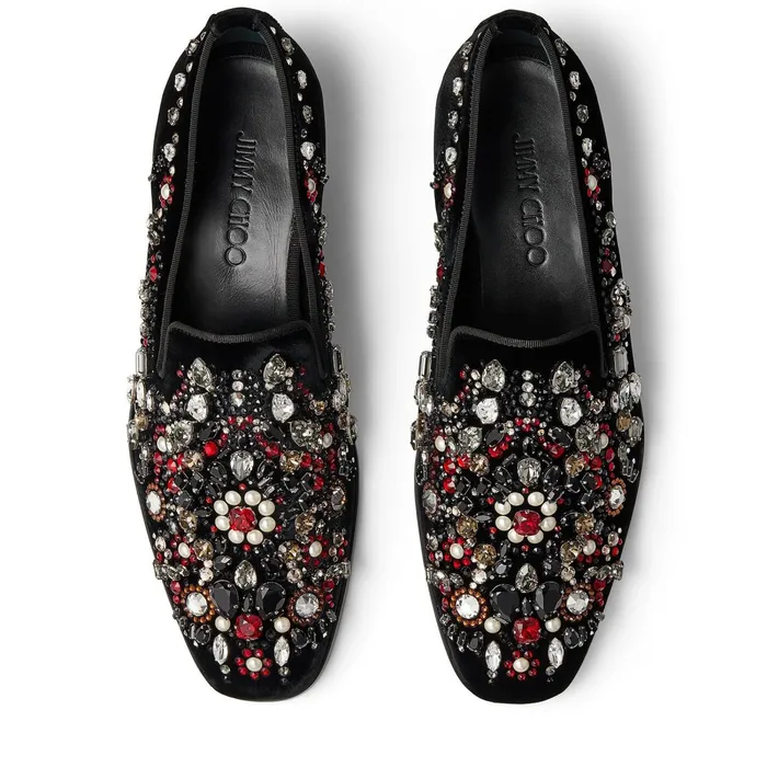 Saul Black Mix Velvet SlipOn Shoes With Jewelled Crystal Mix Black Mix Men JIMMY CHOO Dress Shoes