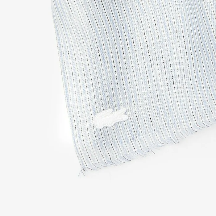 Scarves Lacoste Mens Pinstriped CottonLinen Scarf Light BlueWhiteNavy Blue Cheap On Sale