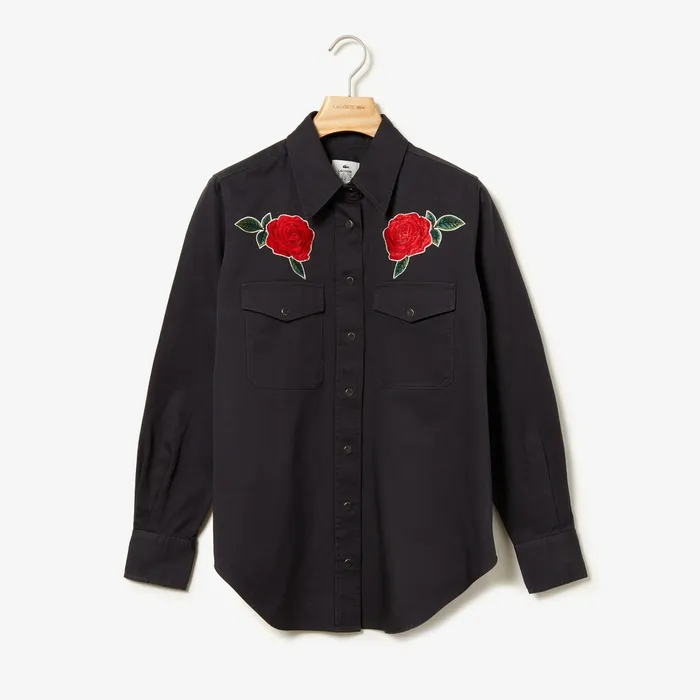 Shirts and Tops Lacoste Womens LIVE RoseEmbroidered Cotton Shirt Dark Grey For Sale Online