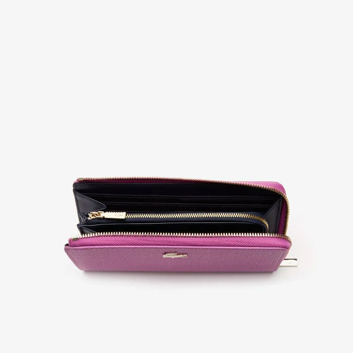 Small Leather Goods Lacoste Womens Chantaco Piqu Leather 8Card Zip Wallet Meadow Mauve Peacoat Popular