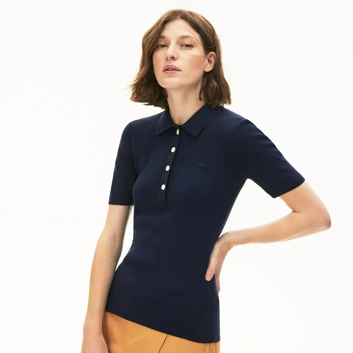 Sweaters and Sweatshirts Lacoste Womens Buttoned Polo Collar Sweater Navy Blue Casaul