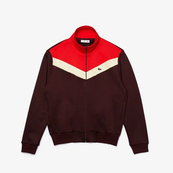 Sweaters and Sweatshirts Lacoste Womens ColorBlock Fleece Zip Up Sweatshirt BordeauxBeigeRed Online Store