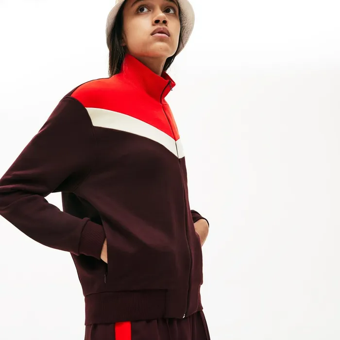 Sweaters and Sweatshirts Lacoste Womens ColorBlock Fleece Zip Up Sweatshirt BordeauxBeigeRed Online Store