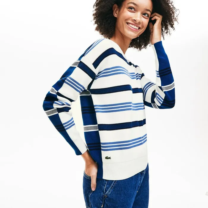 Sweaters and Sweatshirts Lacoste Womens Crewneck Striped Piqu And Jersey Sweater WhiteNavy BlueBlue Popular Sweaters and Sweatshirts Lacoste Womens Crewneck Striped Piqu And Jersey Sweater WhiteNavy BlueBlue Popular