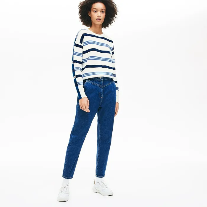 Sweaters and Sweatshirts Lacoste Womens Crewneck Striped Piqu And Jersey Sweater WhiteNavy BlueBlue Popular
