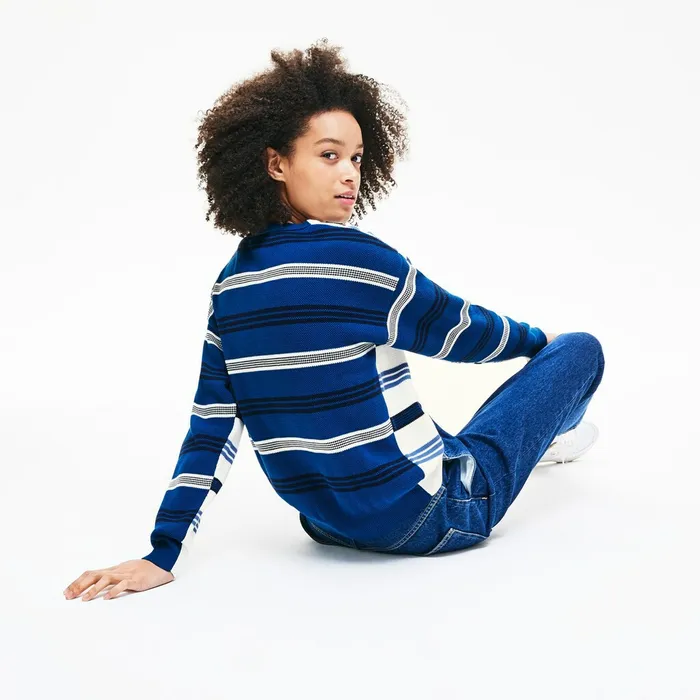 Sweaters and Sweatshirts Lacoste Womens Crewneck Striped Piqu And Jersey Sweater WhiteNavy BlueBlue Popular