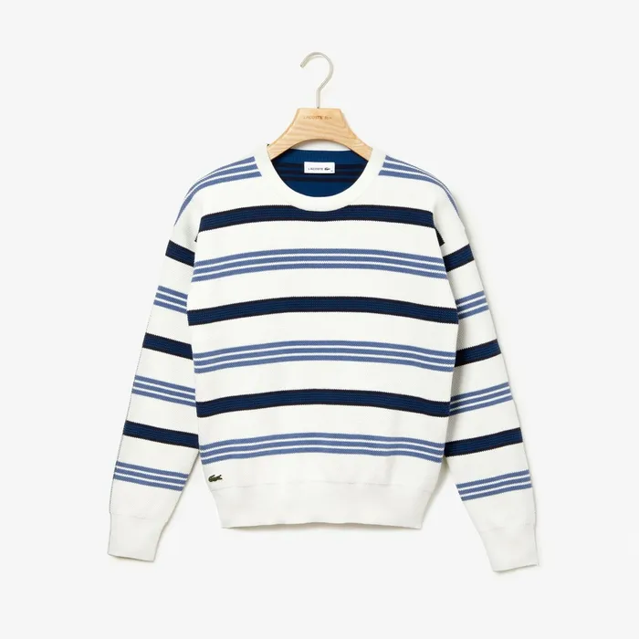 Sweaters and Sweatshirts Lacoste Womens Crewneck Striped Piqu And Jersey Sweater WhiteNavy BlueBlue Popular