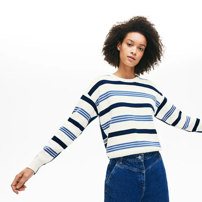 Sweaters and Sweatshirts Lacoste Womens Crewneck Striped Piqu And Jersey Sweater WhiteNavy BlueBlue Popular