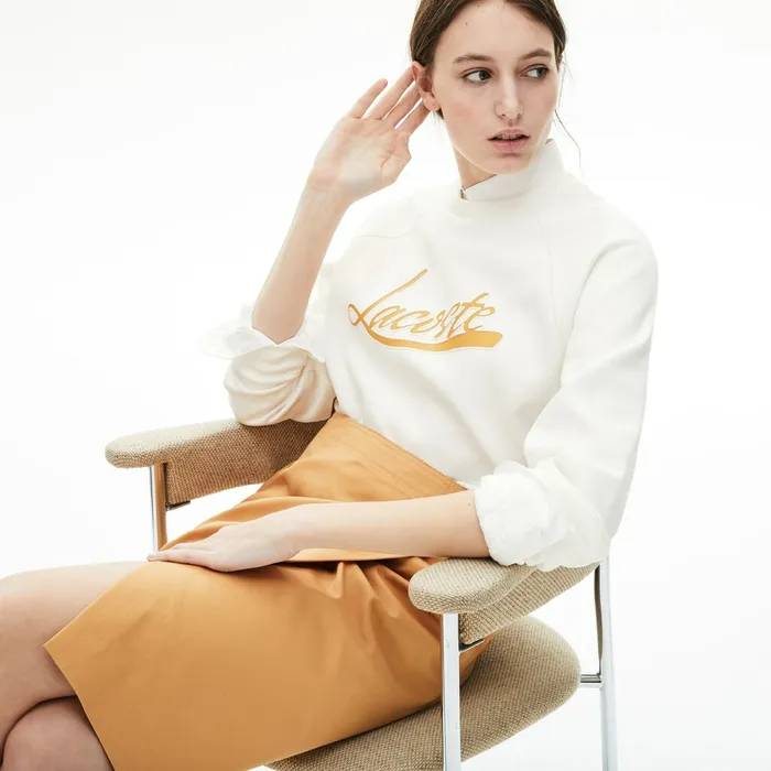 Sweaters and Sweatshirts Lacoste Womens Signature Print Crew Neck Sweatshirt WhiteLight Brown For Sale Sweaters and Sweatshirts Lacoste Womens Signature Print Crew Neck Sweatshirt WhiteLight Brown For Sale