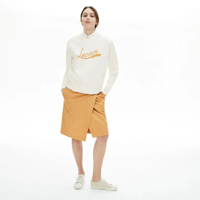 Sweaters and Sweatshirts Lacoste Womens Signature Print Crew Neck Sweatshirt WhiteLight Brown For Sale