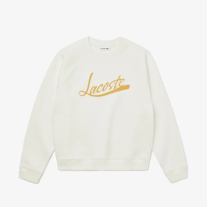 Sweaters and Sweatshirts Lacoste Womens Signature Print Crew Neck Sweatshirt WhiteLight Brown For Sale