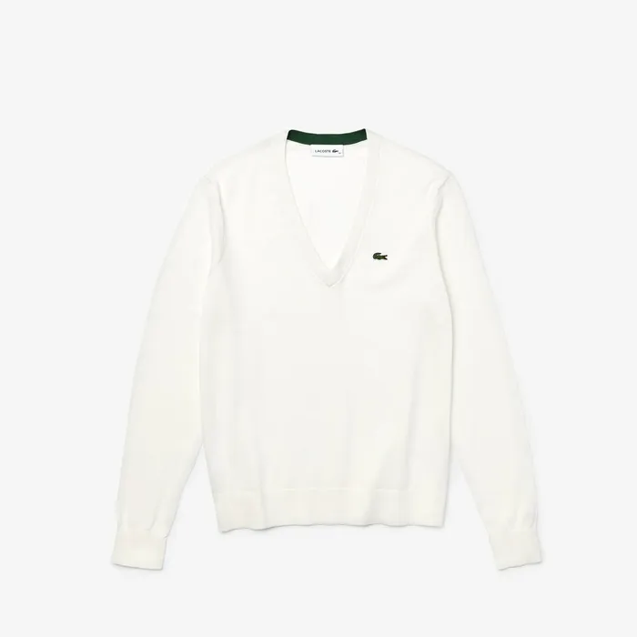 Sweaters and Sweatshirts Lacoste Womens Solid Cotton VNeck Sweater White Gift for Friend