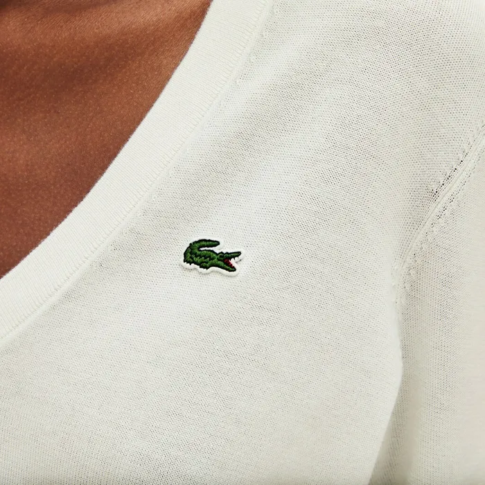 Sweaters and Sweatshirts Lacoste Womens Solid Cotton VNeck Sweater White Gift for Friend