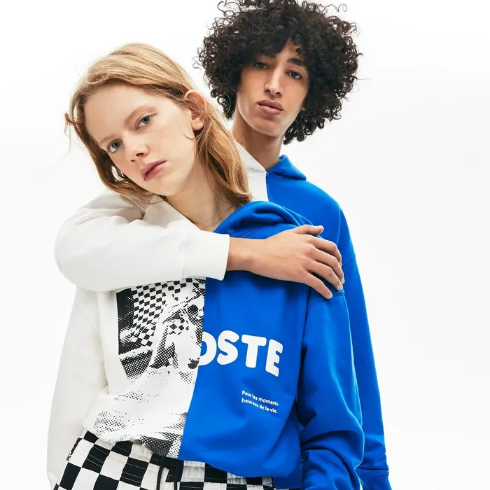Sweaters and Sweatshirts Lacoste Womens Unisex LIVE BiColor Print Fleece Sweatshirt WhiteBlue Casaul Sweaters and Sweatshirts Lacoste Womens Unisex LIVE BiColor Print Fleece Sweatshirt WhiteBlue Casaul