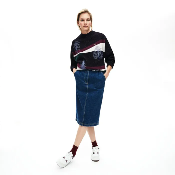 Sweaters and Sweatshirts Lacoste Womens Winter Design Cotton And Wool Blend Jacquard Sweater Navy BlueBordeauxWhiteGreen Store