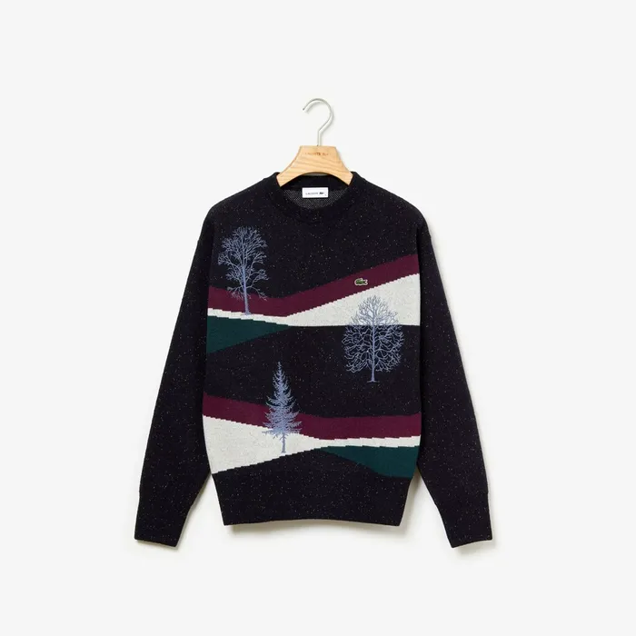 Sweaters and Sweatshirts Lacoste Womens Winter Design Cotton And Wool Blend Jacquard Sweater Navy BlueBordeauxWhiteGreen Store