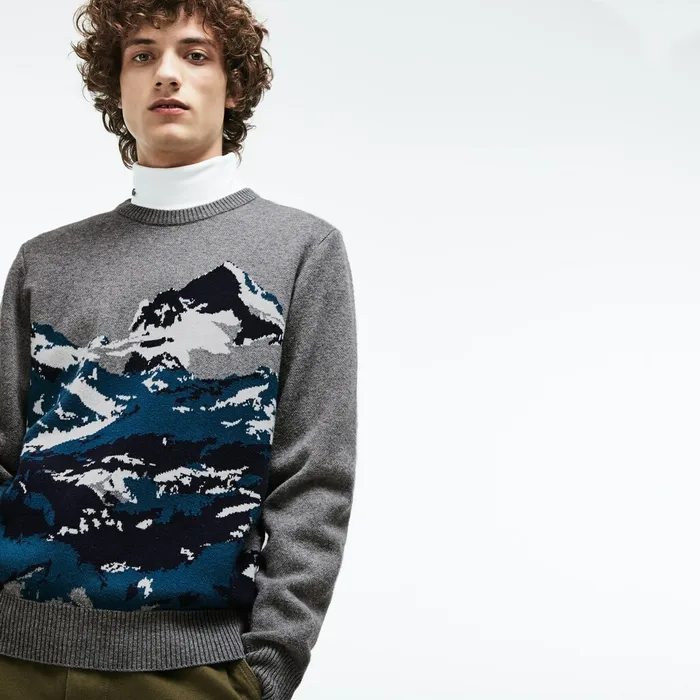 Sweaters Lacoste Mens Crew Neck Alpine Print Wool And Cotton Jacquard Sweater GreyGreenBlueWhite Casaul Sweaters Lacoste Mens Crew Neck Alpine Print Wool And Cotton Jacquard Sweater GreyGreenBlueWhite Casaul
