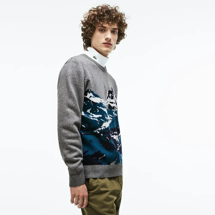Sweaters Lacoste Mens Crew Neck Alpine Print Wool And Cotton Jacquard Sweater GreyGreenBlueWhite Casaul