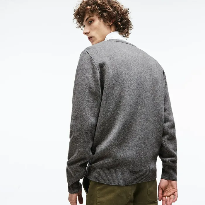 Sweaters Lacoste Mens Crew Neck Alpine Print Wool And Cotton Jacquard Sweater GreyGreenBlueWhite Casaul