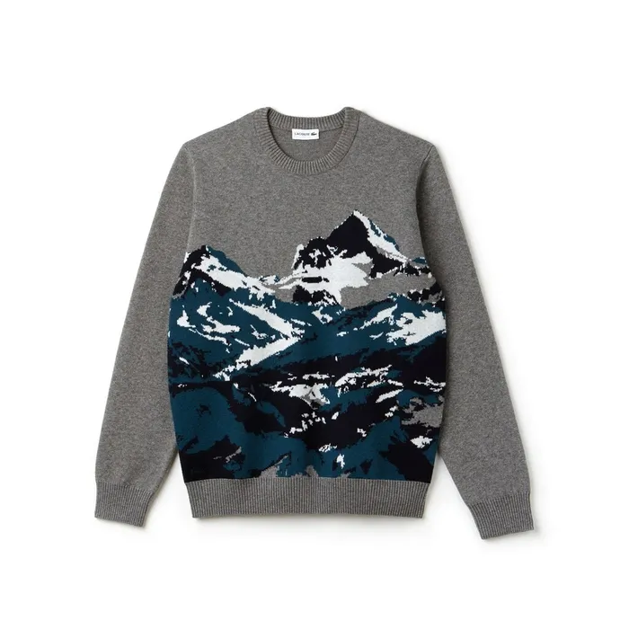 Sweaters Lacoste Mens Crew Neck Alpine Print Wool And Cotton Jacquard Sweater GreyGreenBlueWhite Casaul