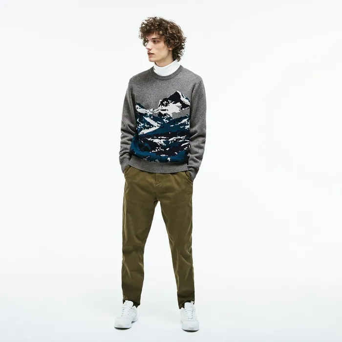 Sweaters Lacoste Mens Crew Neck Alpine Print Wool And Cotton Jacquard Sweater GreyGreenBlueWhite Casaul