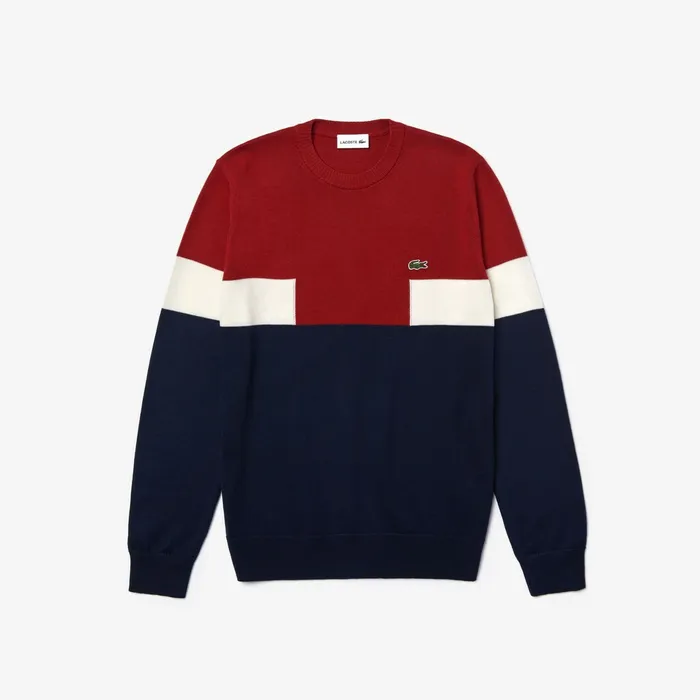 Sweaters Lacoste Mens Crew Neck Colorblock Wool And Cotton Blend Sweater Navy BlueBordeauxWhite Popular Sweaters Lacoste Mens Crew Neck Colorblock Wool And Cotton Blend Sweater Navy BlueBordeauxWhite Popular
