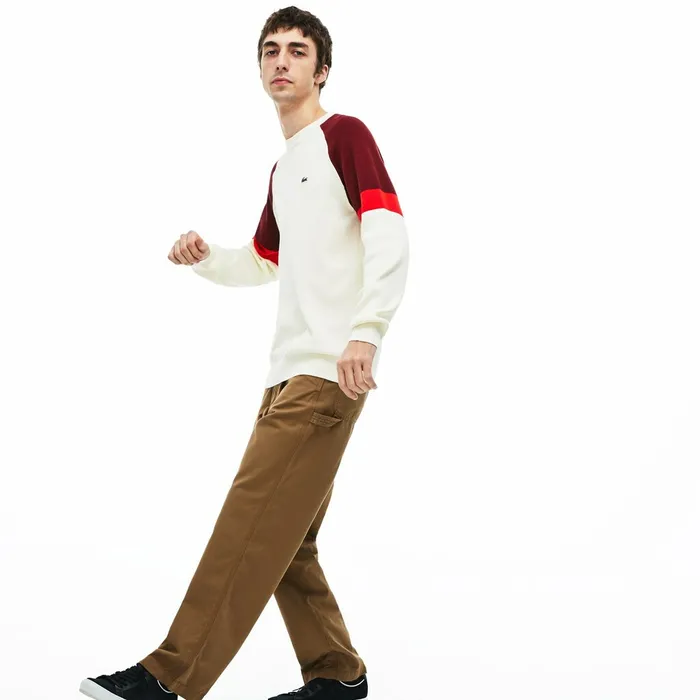 Sweaters Lacoste Mens Crew Neck Raglan Sleeved Sweater WhiteRedBordeaux Gift 4 You