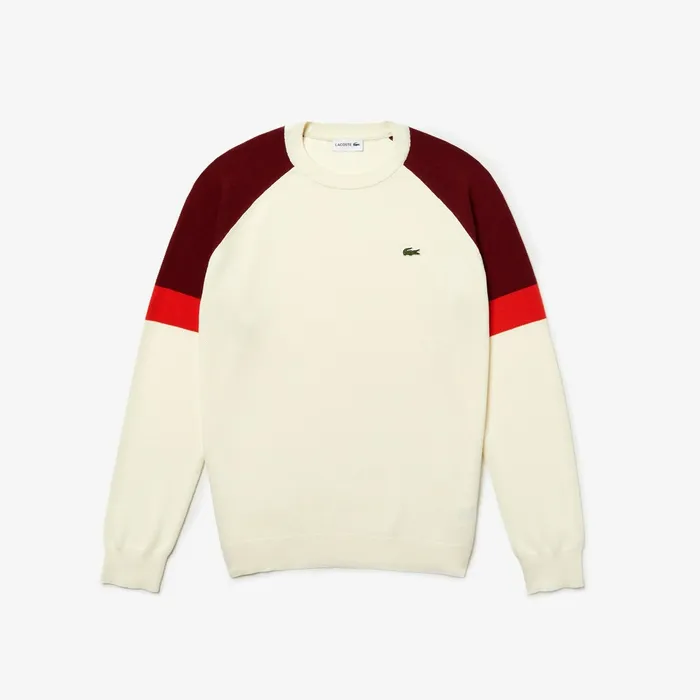 Sweaters Lacoste Mens Crew Neck Raglan Sleeved Sweater WhiteRedBordeaux Gift 4 You