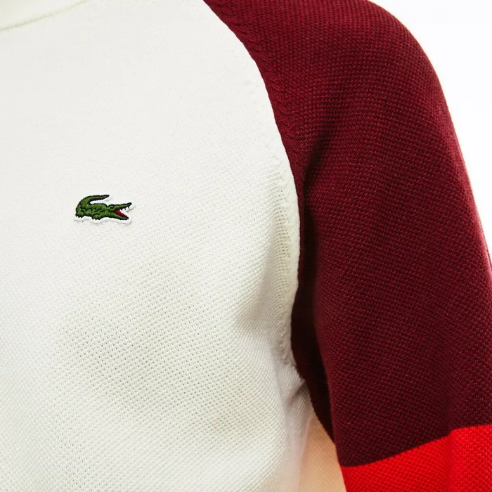 Sweaters Lacoste Mens Crew Neck Raglan Sleeved Sweater WhiteRedBordeaux Gift 4 You
