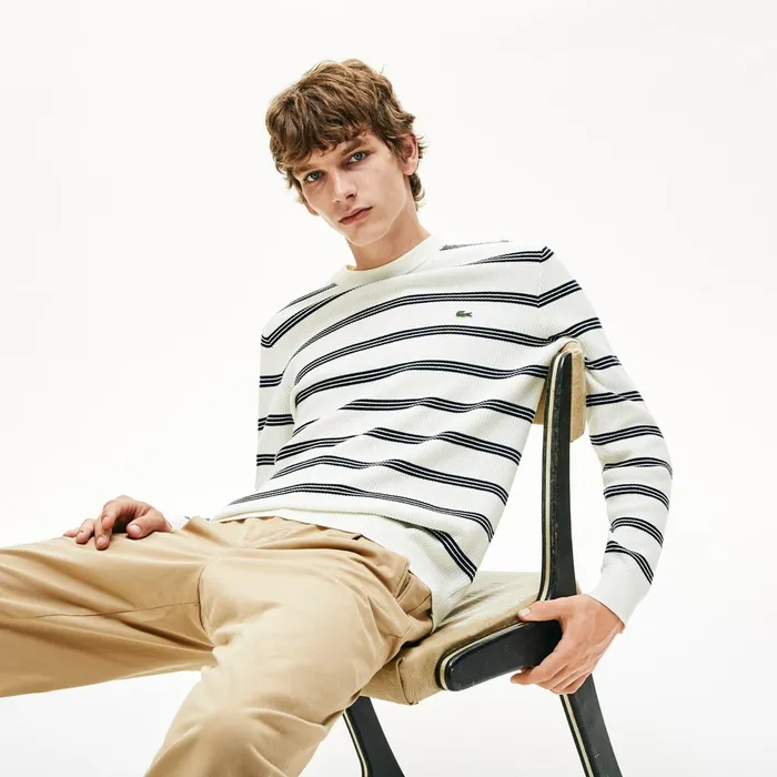 Sweaters Lacoste Mens Crewneck Pinstriped Wool and Cotton Sweater WhiteNavy Blue Shop Online Sweaters Lacoste Mens Crewneck Pinstriped Wool and Cotton Sweater WhiteNavy Blue Shop Online